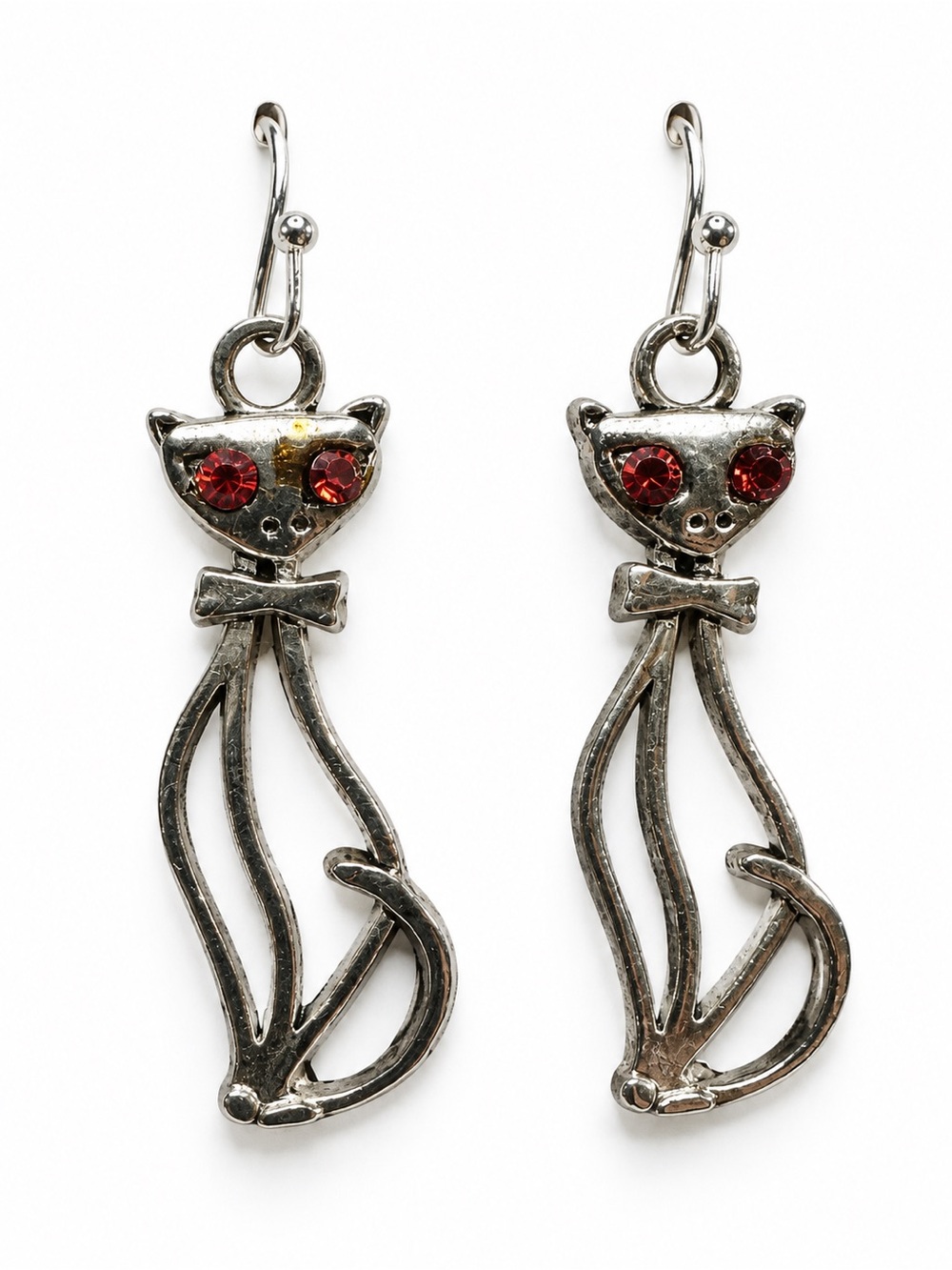 Silver Repurposed Dangle Earrings with Red Crystal Eyes - Pet Jewelry